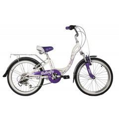 Велосипед NOVATRACK 20" BUTTERFLY сталь, белый-фиолет., 6-скор, TY21/RS35/SG-6SI, V-brake, багажник